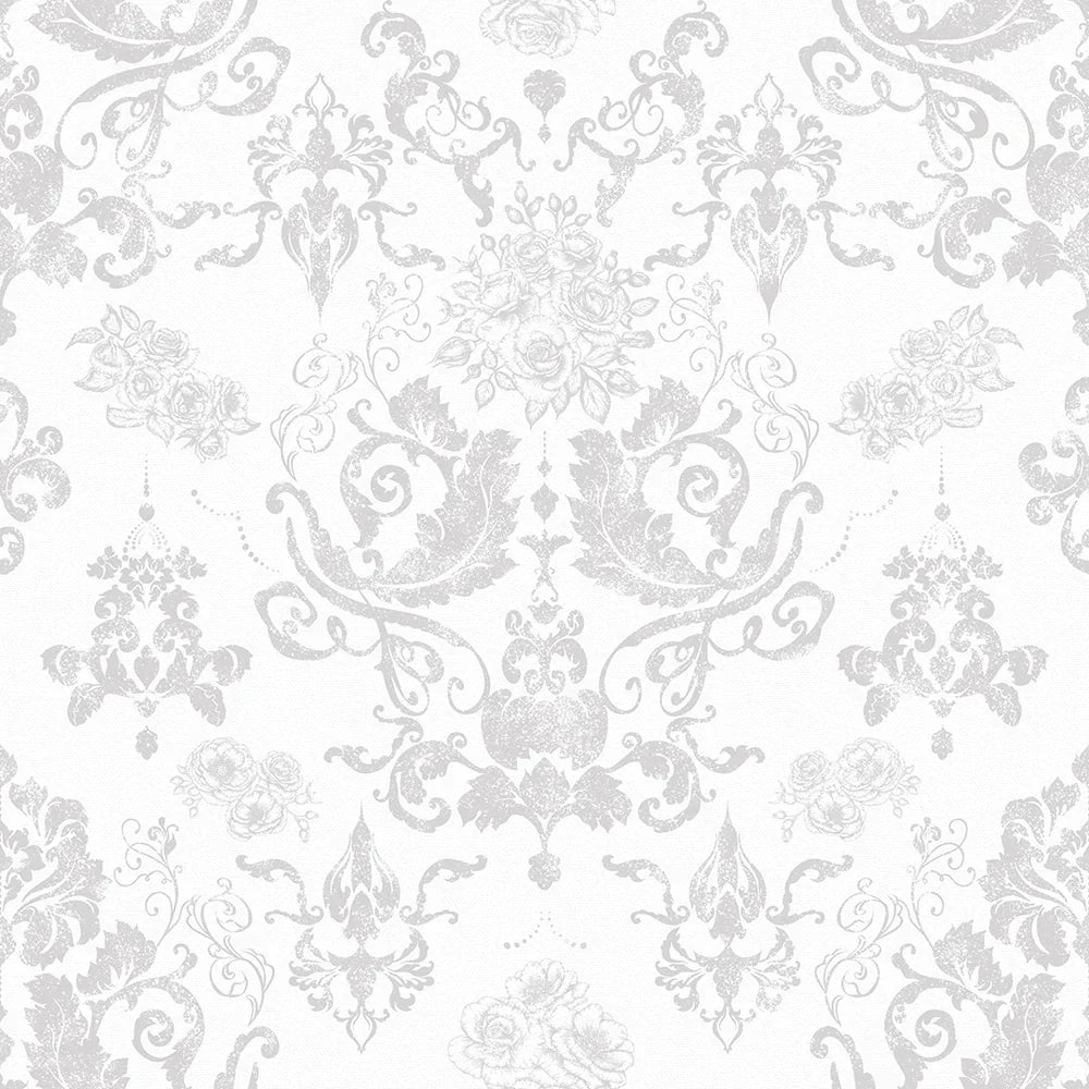 Bridgerton Damask Wallpaper - Pearl White and Vintage Grey - LAN100018 - Lucie Annabel - Premier Wallcovering