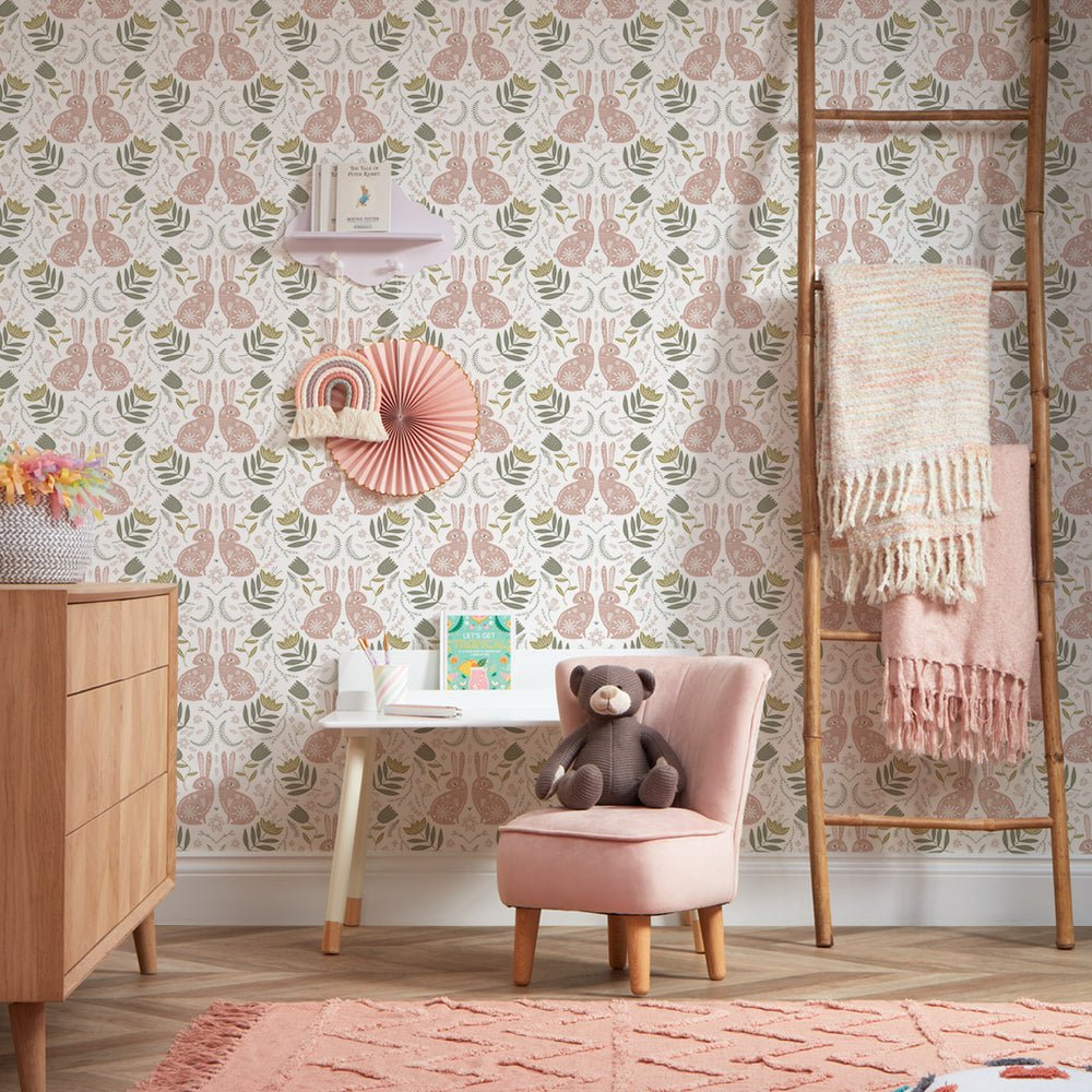 Bunny Tales Wallpaper - Peony Pink & Muted Grey - Lust Home - LH900123 - Premier Wallcovering