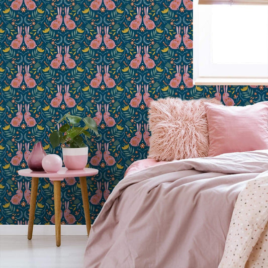 Bunny Tales Wallpaper - Teal & Cherry Blossom - Lust Home - LH900012 - Premier Wallcovering