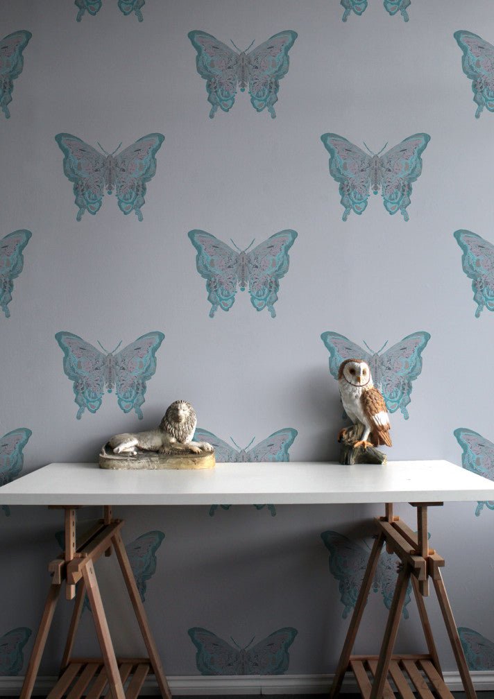 Butterfly Wallpaper - Blues & Silver on Pale Blue - Timorous Beasties - EX/BFLY/4232/06 - Premier Wallcovering
