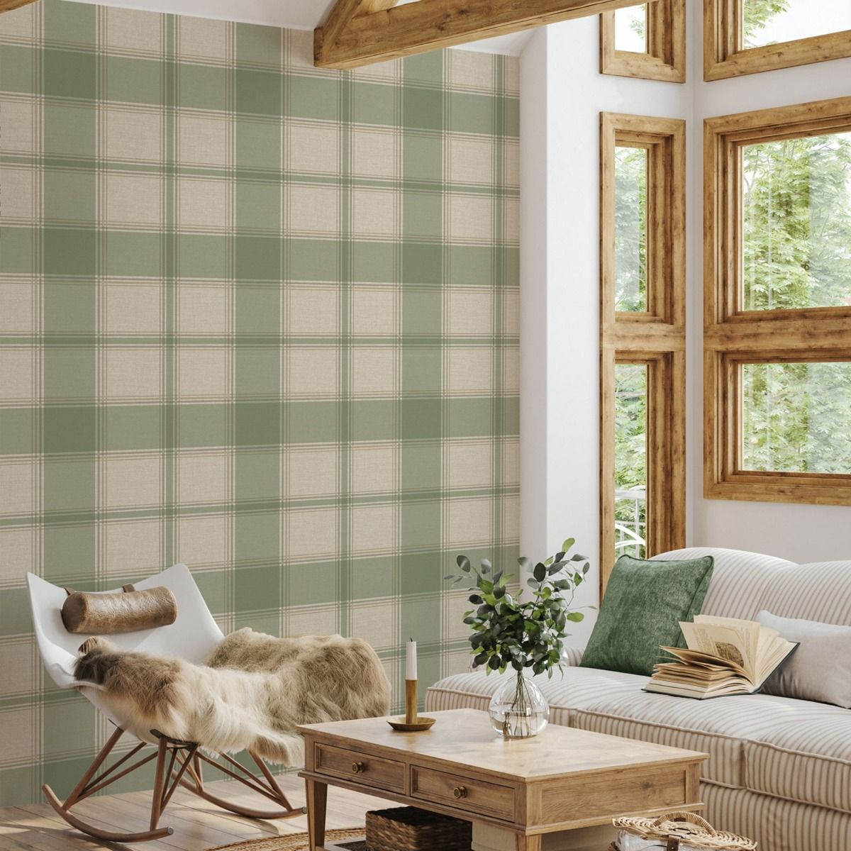 Carmella Check Textured Vinyl Wallpaper - Green - Belgravia - 7159 - Premier Wallcovering