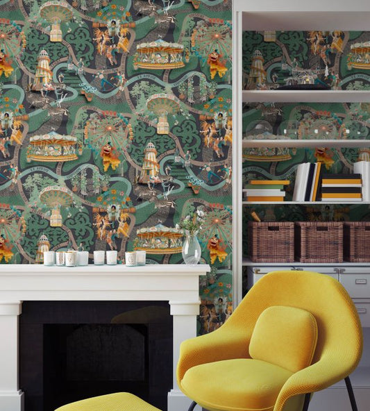 Carnival Map Wallpaper - Jade - Brand McKenzie - BMCF003/03C - Premier Wallcovering