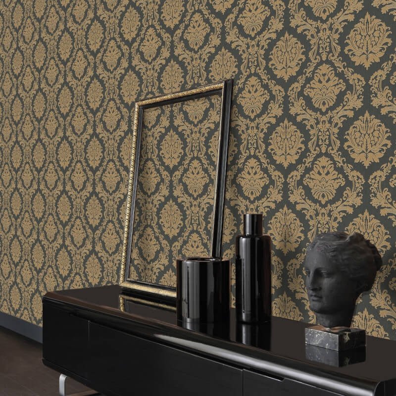 Carre Damask Metallic Wallpaper - Black/Gold - Erismann - 10288 - 15 - Premier Wallcovering