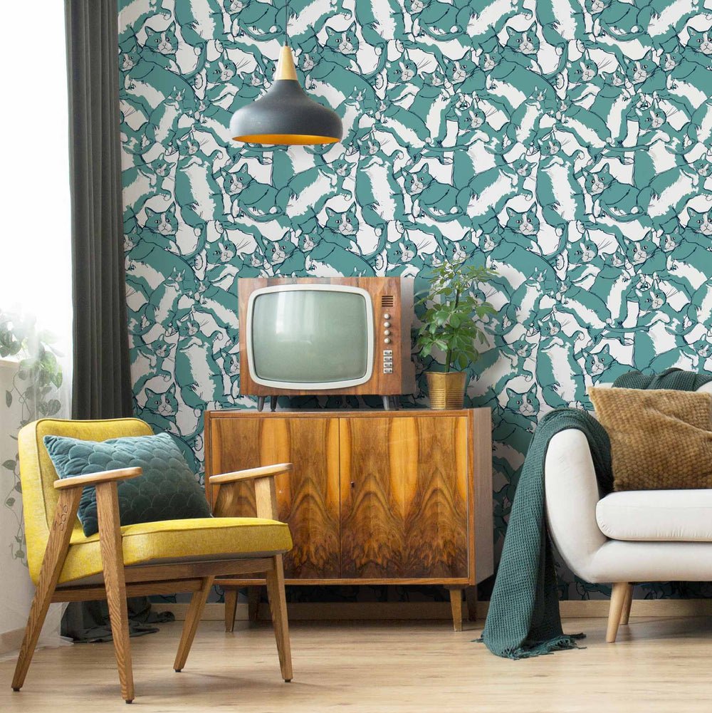 Cat - astrophe Wallpaper - Teal & Navy - Lust Home - LH900251 - Premier Wallcovering