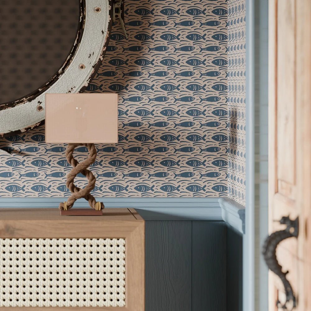 Catch of the Day Wallpaper - Classic Navy on Lady Coral - LAN100294 - Lucie Annabel - Premier Wallcovering