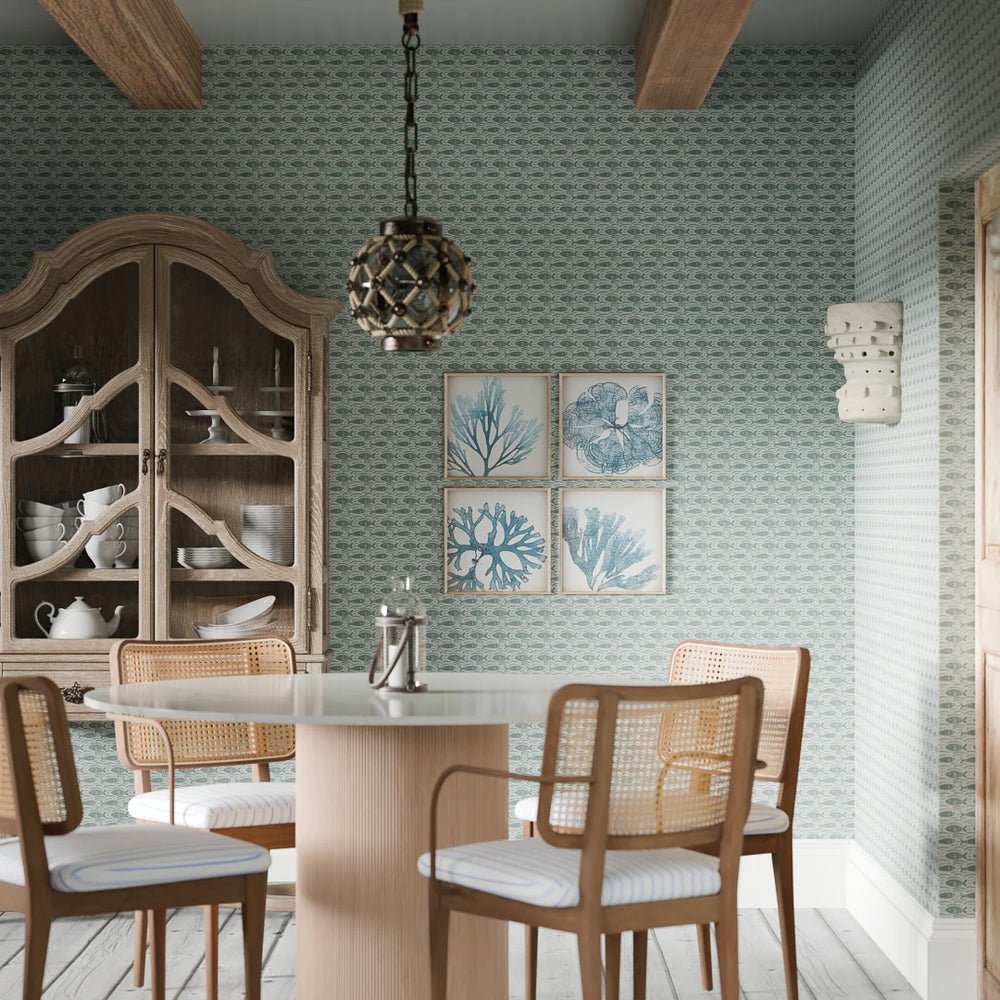 Catch of the Day Wallpaper - Teal on Duck Egg - LAN100295 - Lucie Annabel - Premier Wallcovering