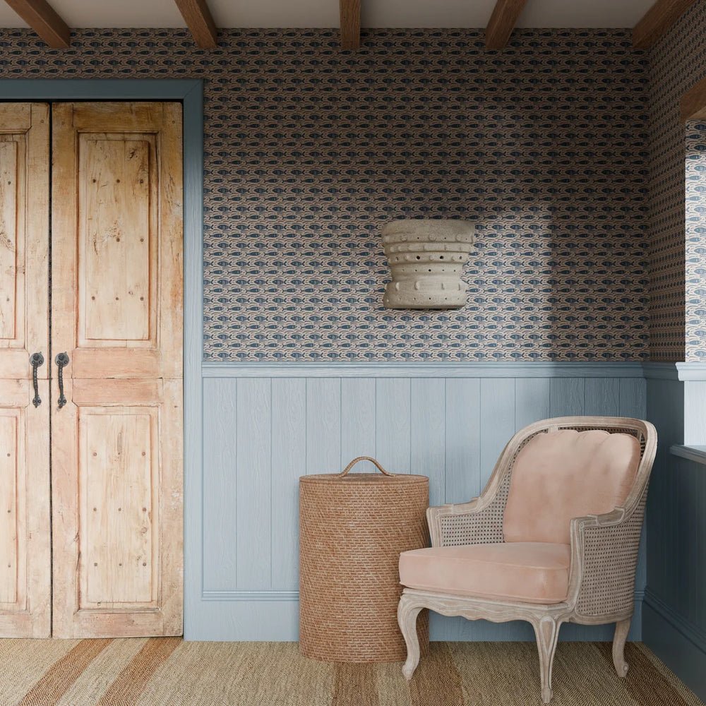 Catch of the Day Wallpaper - Classic Navy on Lady Coral - LAN100294 - Lucie Annabel - Premier Wallcovering
