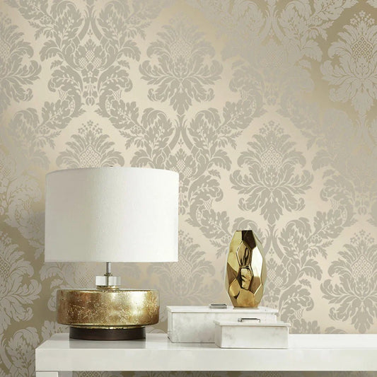 Charnay Damask Wallpaper - Metallic Champagne & Glitter - NextWall - NW56305 - Premier Wallcovering