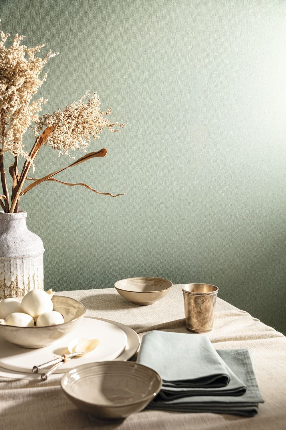 Chevron Uni Metallise Irise Wallpaper - Vert Amande - Caselio - 102237022 - Premier Wallcovering