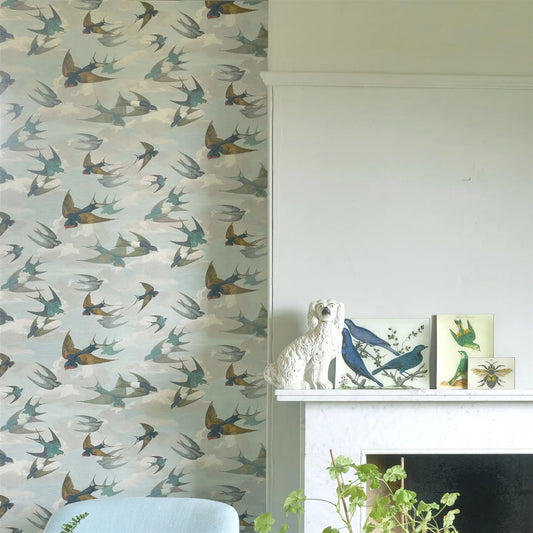 Chimney Swallows Wallpaper - Sky Blue - John Derian - PJD6003/01 - Premier Wallcovering
