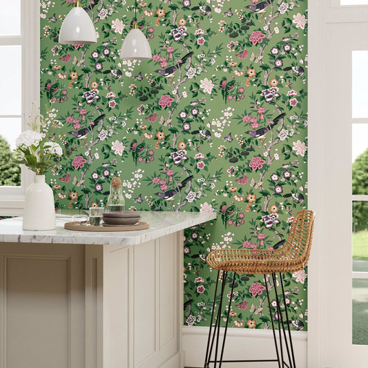 Chinoiserie Hall Wallpaper - Chinese Green/Lotus Pink - DWAW217110 - Sanderson - Premier Wallcovering