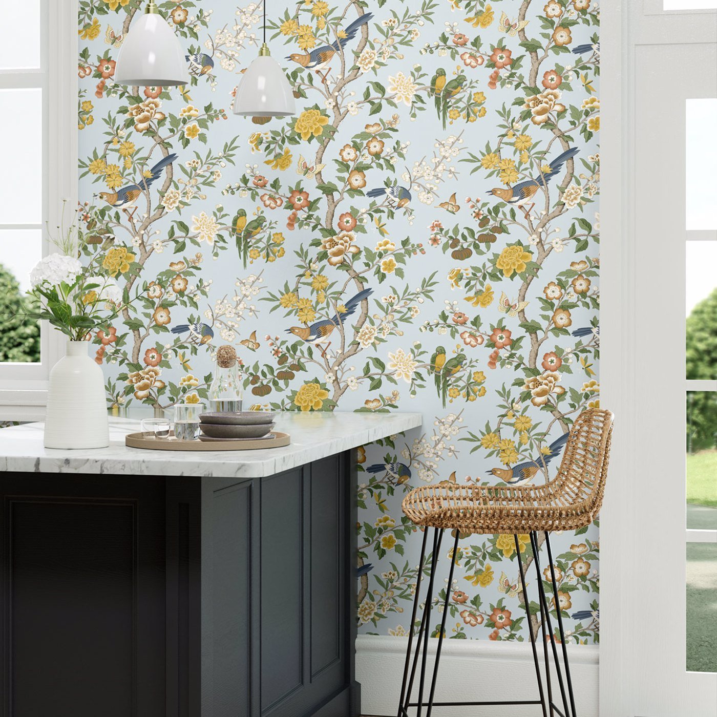 Chinoiserie Hall Wallpaper - Dawn Blue/Persimmon - DWAW217112 - Sanderson - Premier Wallcovering