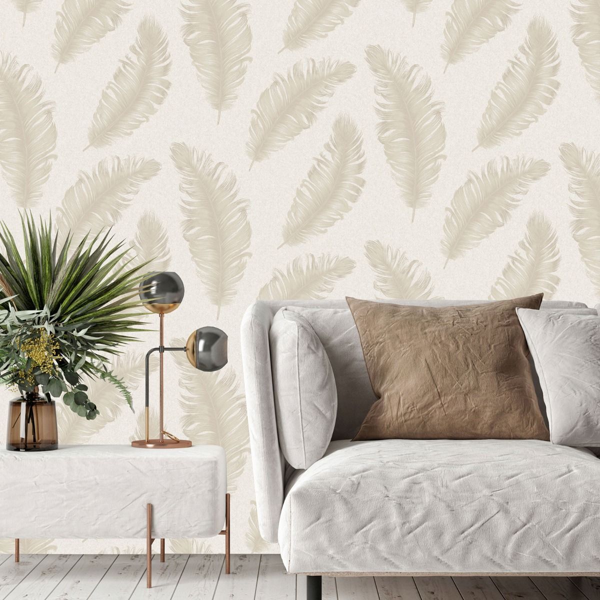 Ciara Glitter Feather Vinyl Wallpaper - Cream / Soft Beige - Belgravia - 4402 - Premier Wallcovering