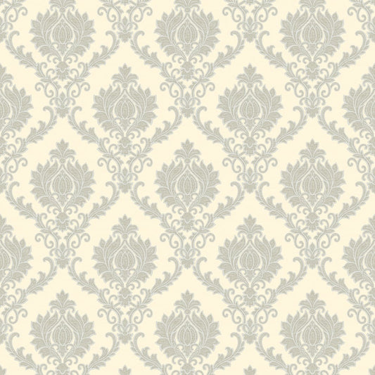 Classic Italian Delicate Damask Wallpaper - Silver/Ivory - Galerie - 23641 - Premier Wallcovering