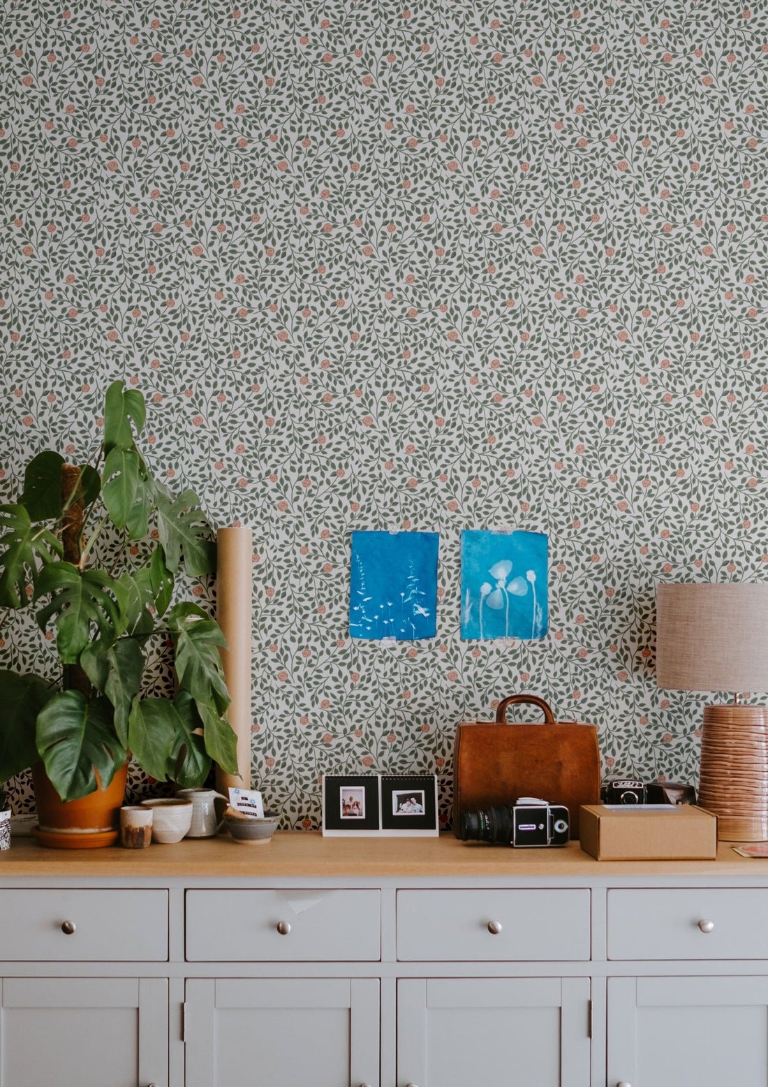 Climbing Rose Wallpaper - Light Green - Summer Gray - Premier Wallcovering