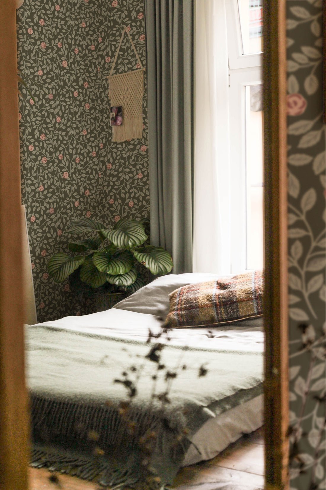 Climbing Rose Wallpaper - Green - Summer Gray - Premier Wallcovering