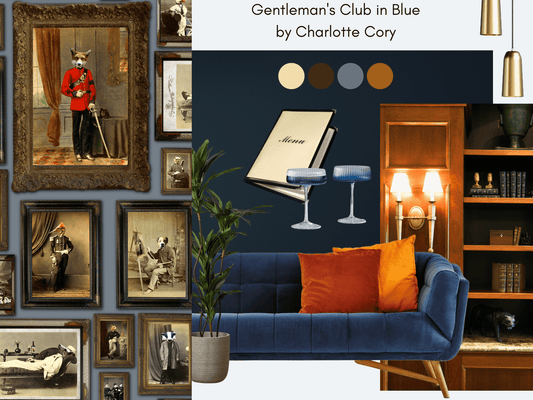 Colonel Fox (and friends) at the Gentleman's Club Wallpaper - Blue - The Graduate Collection - CC1GENTLEMENBLUE - Premier Wallcovering