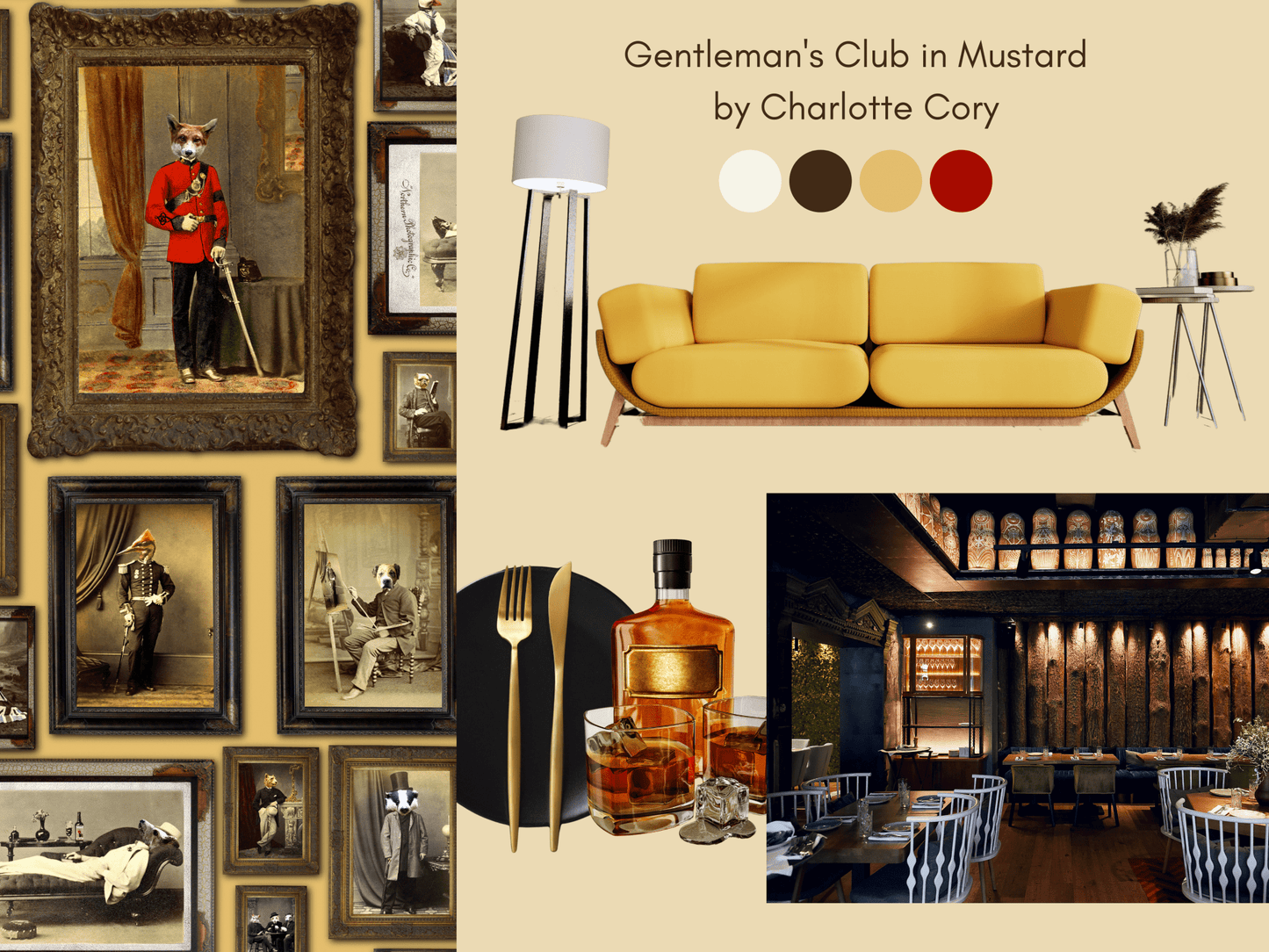 Colonel Fox (and friends) at the Gentleman's Club Wallpaper - Mustard - The Graduate Collection - CC1GENTLEMENMUSTARD - Premier Wallcovering