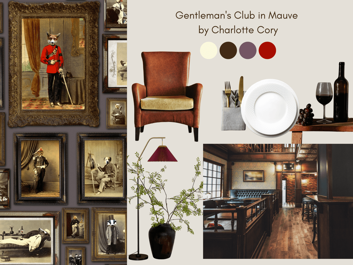Colonel Fox (and friends) at the Gentleman's Club Wallpaper - Mauve - The Graduate Collection - CC1GENTLEMENMAUVE - Premier Wallcovering