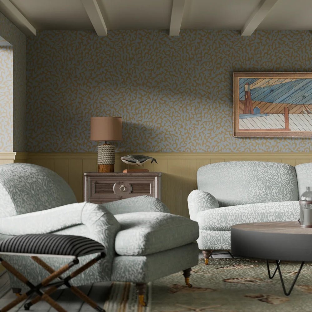 Coral Cove Wallpaper - Cornflower Blue and Rich Ochre - LAN100284 - Lucie Annabel - Premier Wallcovering