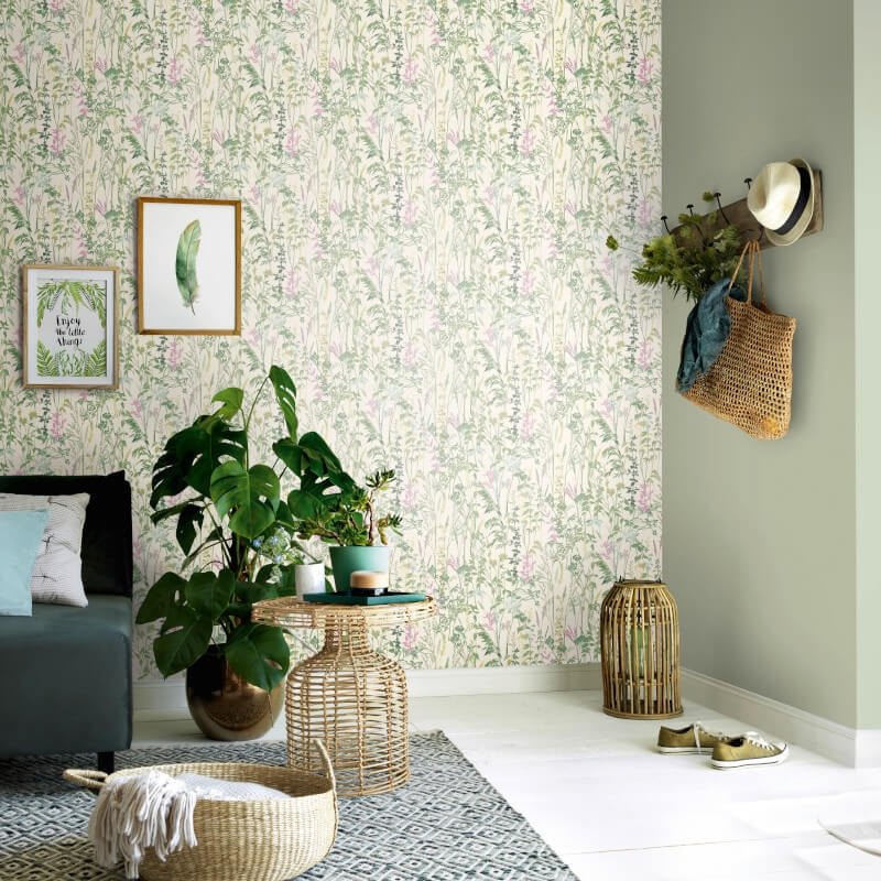 Cottage Leaf Meadow Wallpaper - Green/Pink - Erismann - 10258 - 05 - Premier Wallcovering