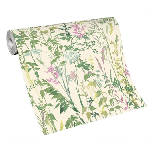 Cottage Leaf Meadow Wallpaper - Green/Pink - Erismann - 10258 - 05 - Premier Wallcovering