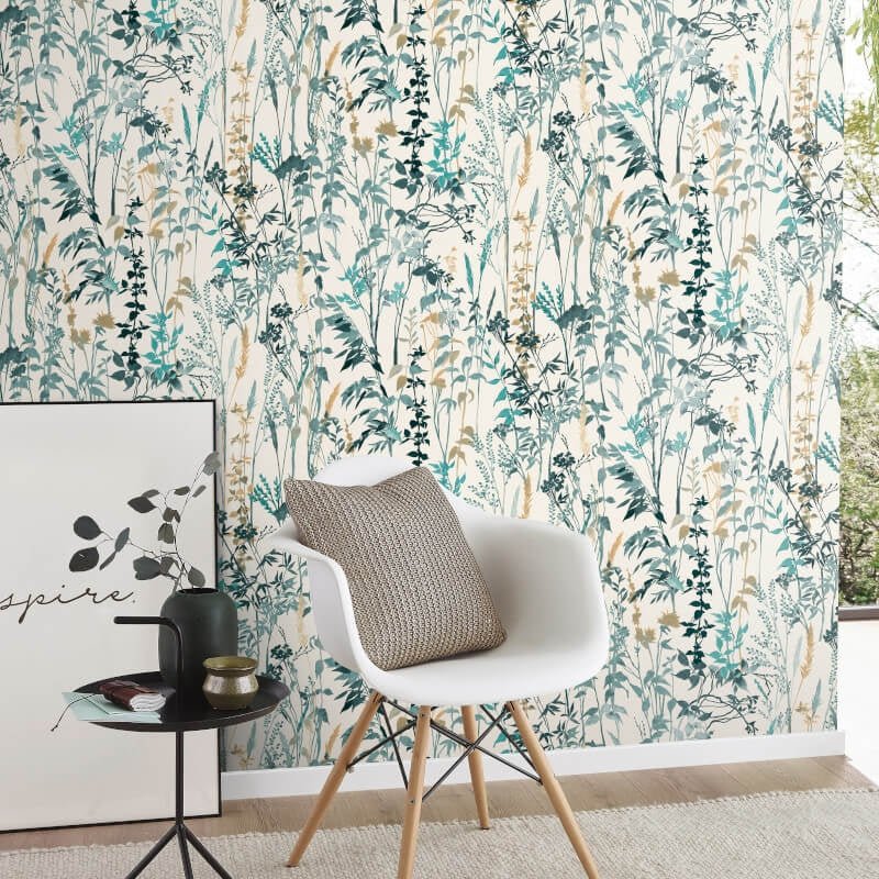 Cottage Leaf Meadow Wallpaper - Teal/Grey - Erismann - 10258 - 18 - Premier Wallcovering