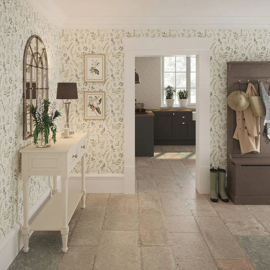 Countryside Trail Wallpaper - Rustic Greens on Ivory Linen - LAN100045 - Lucie Annabel - Premier Wallcovering