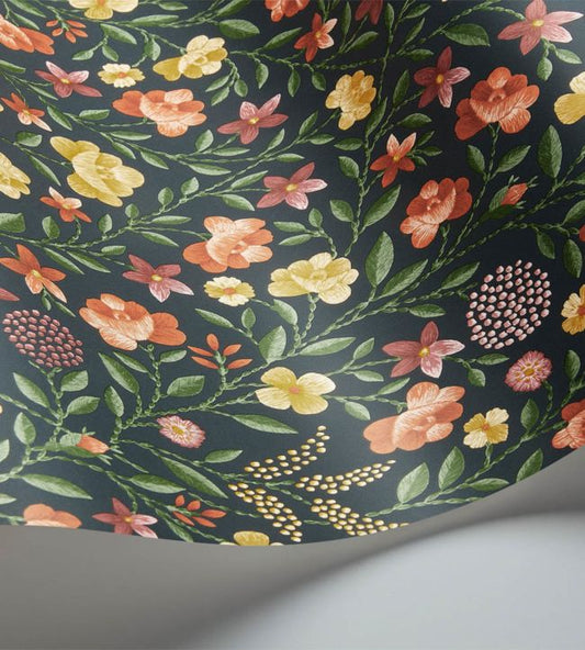 Court Embroidery Wallpaper - Marigold, Tangerine & Red on Charcoal - 118/13031 - Cole & Son - Premier Wallcovering