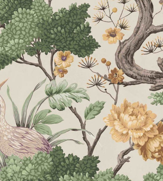 Crane Bird Fabric - Buttercup Yellow Cream - Woodchip & Magnolia - WMF - 125VD - Premier Wallcovering