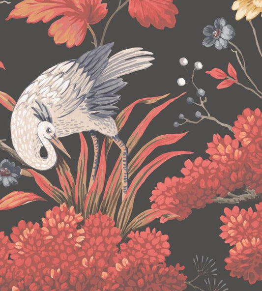 Crane Bird Fabric - Japanese Red - Woodchip & Magnolia - WMF - 018 - 02VD - Premier Wallcovering
