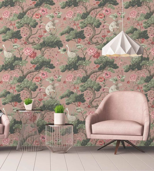 Crane Bird Wallpaper - Vintage Pink - Woodchip & Magnolia - WM - 120R - Premier Wallcovering