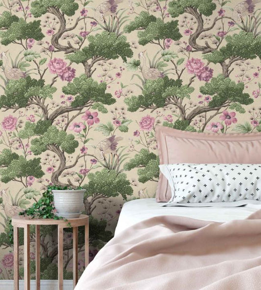 Crane Bird Wallpaper - Rose Pink Cream - Woodchip & Magnolia - WM - 171R - Premier Wallcovering