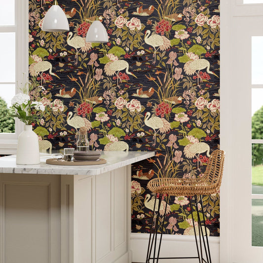 Crane & Frog Wallpaper - Ink Black/Multi - DWAW217123 - Sanderson - Premier Wallcovering