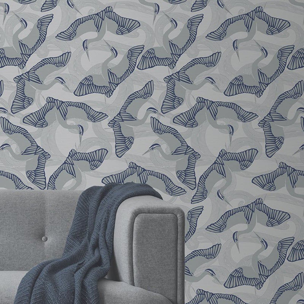 Cranes Fantasia Wallpaper - Grey/ Navy - Ted Baker - 12622 - Premier Wallcovering