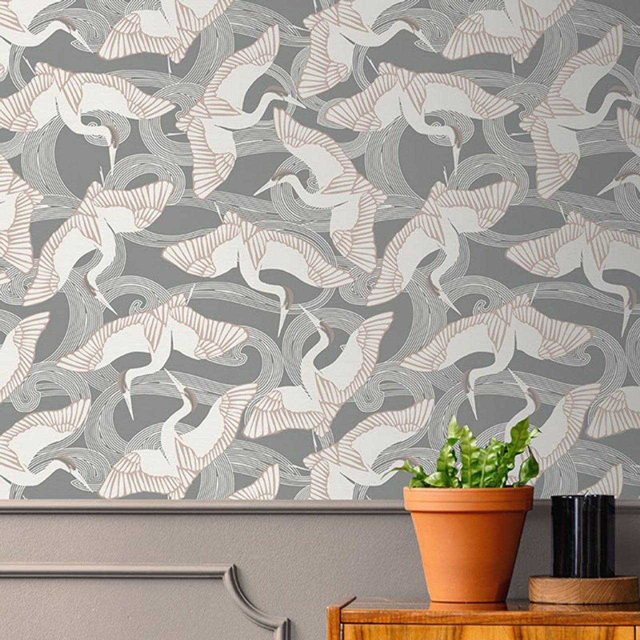Cranes Fantasia Wallpaper - Grey/White - Ted Baker - 12621 - Premier Wallcovering
