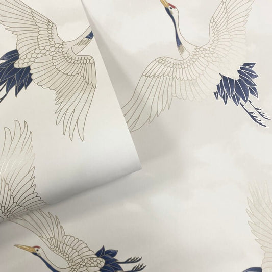 Cranes Metallic Wallpaper - White - Catherine Lansfield - 206511 - Premier Wallcovering