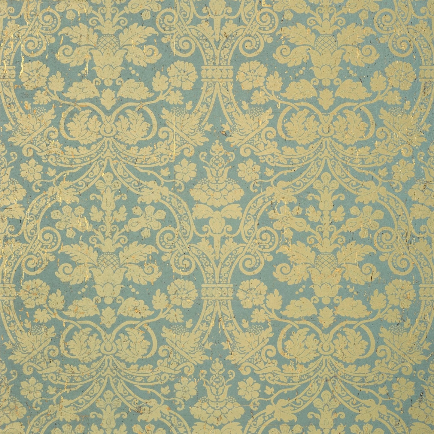 Curtis Damask Wallpaper - Metallic Gold on Aqua - Thibaut - T89115 - Premier Wallcovering