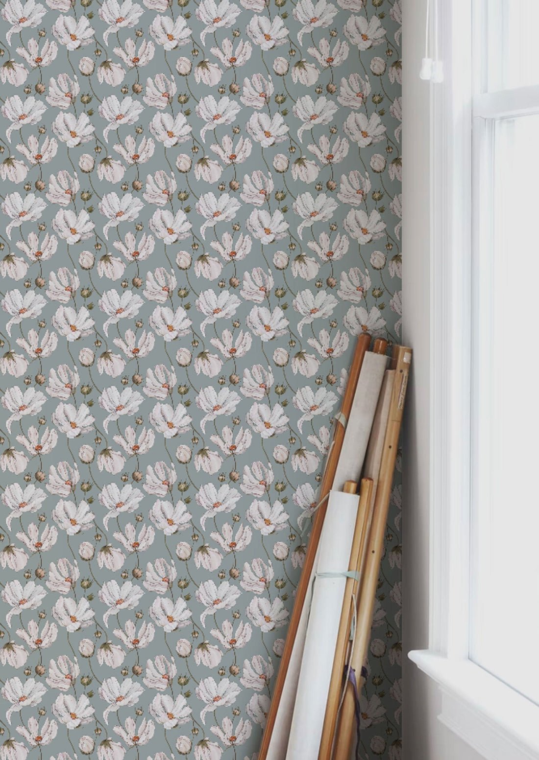 Daisies Wallpaper - Blue - Summer Gray - Premier Wallcovering