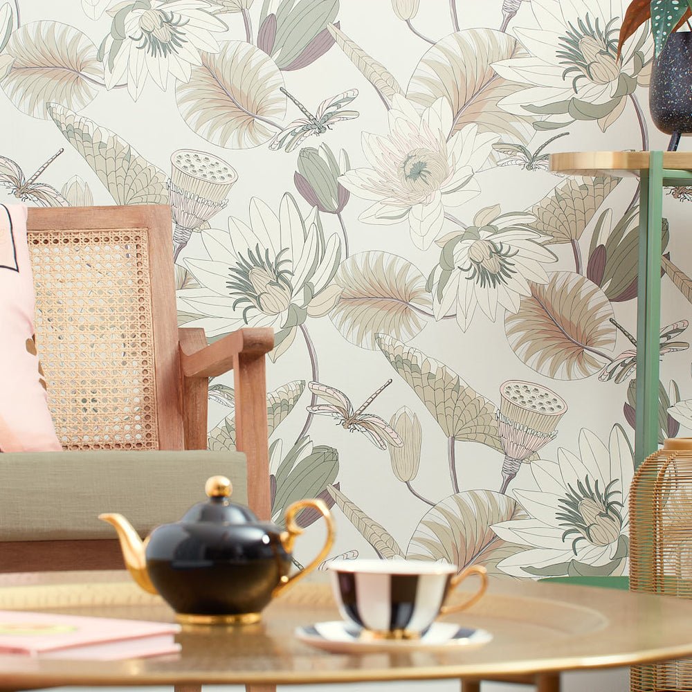 Dance of the Dragonfly Wallpaper - Cream, Sage & Pastel Pink - Lust Home - LH900380 - Premier Wallcovering