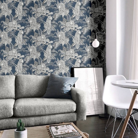 Darcy James Mamboa Leopard Wallpaper - Blue - Muriva - 173523 - Premier Wallcovering
