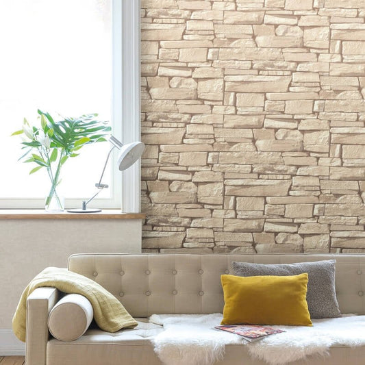 Dax Stone Effect Wallpaper - Natural - Grandeco - 115403 - Premier Wallcovering