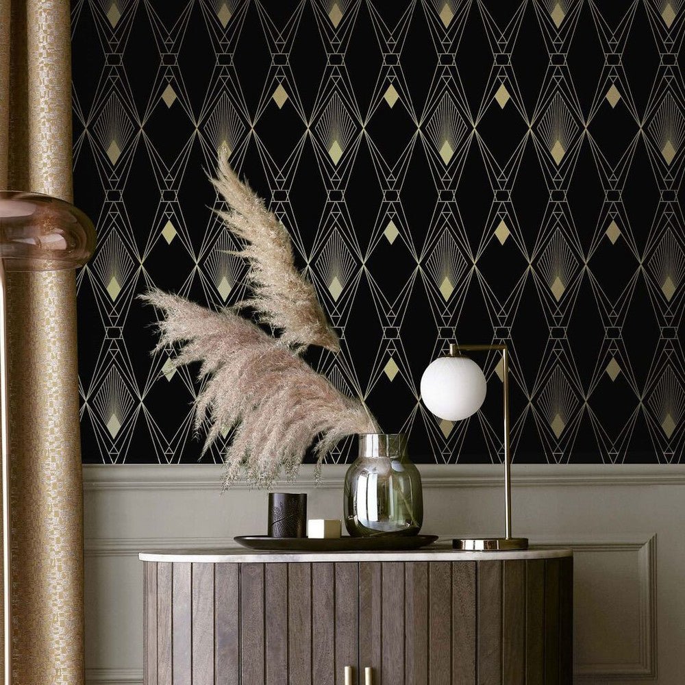 Deco Geometric Wallpaper - Black - Next - 118313 - Premier Wallcovering