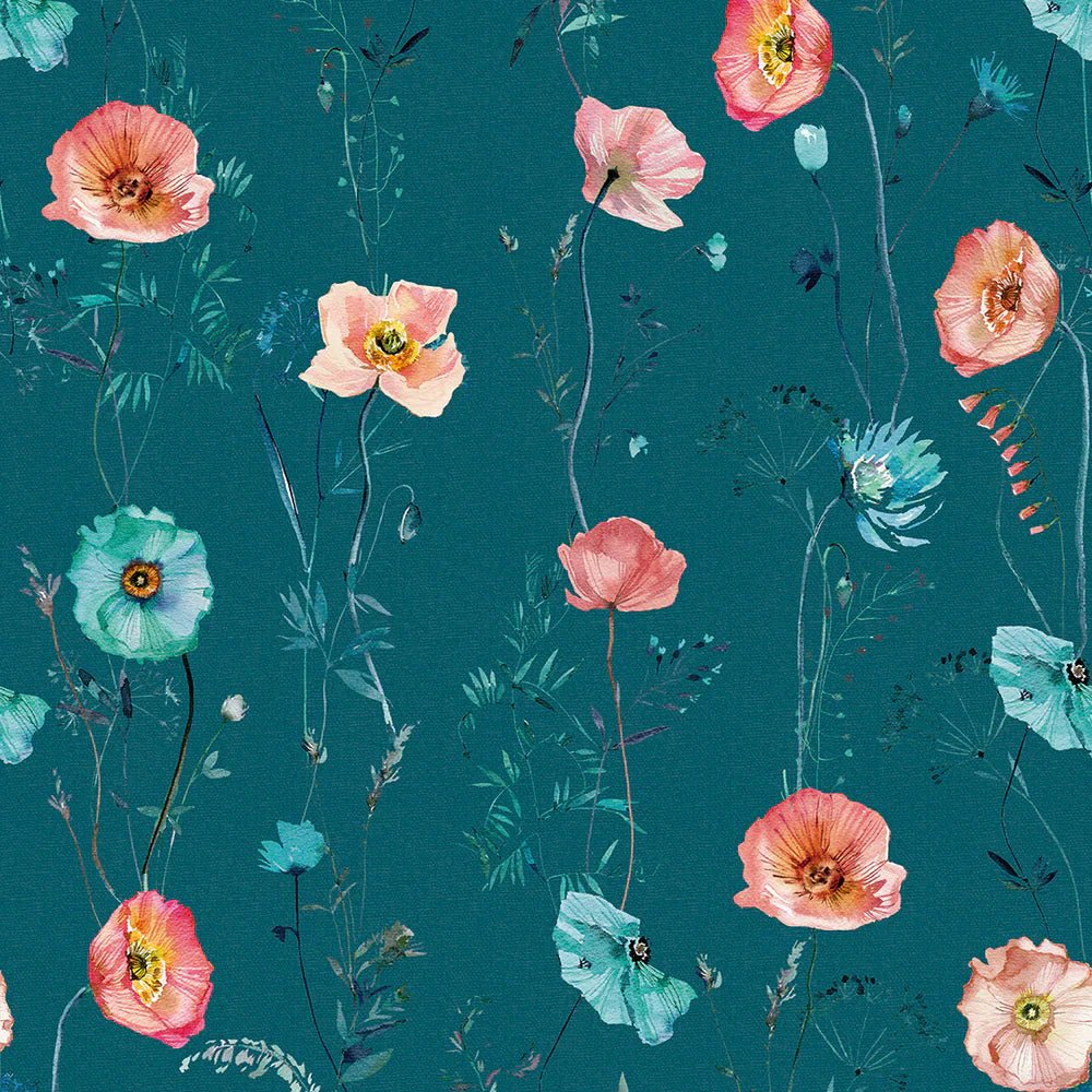 Delicate Stems Wallpaper - Shades of Coral on Teal - LAN100070 - Lucie Annabel - Premier Wallcovering