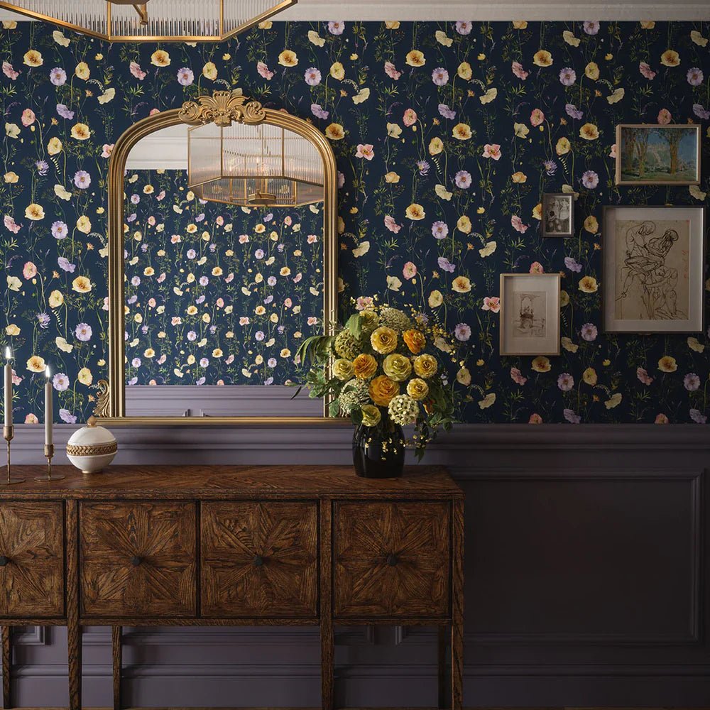 Delicate Stems Wallpaper - Soft Pastels on Classic Navy - LAN100007 - Lucie Annabel - Premier Wallcovering