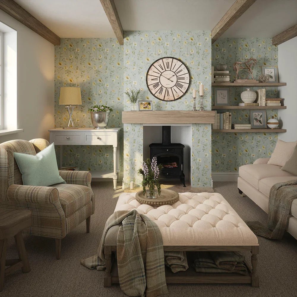 Delicate Stems Wallpaper - Shades of Cream on Seafoam Green - LAN100005 - Lucie Annabel - Premier Wallcovering