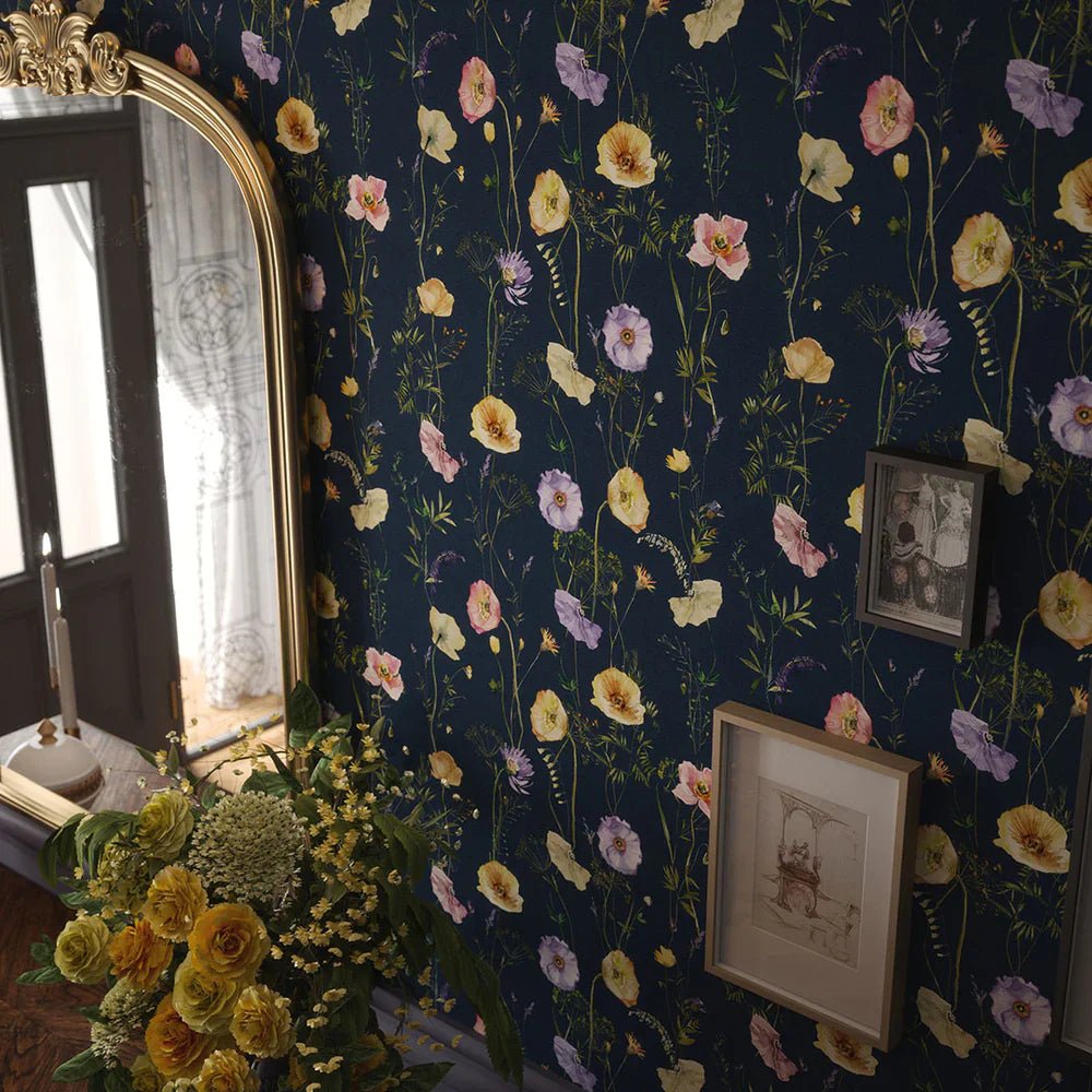 Delicate Stems Wallpaper - Soft Pastels on Classic Navy - LAN100007 - Lucie Annabel - Premier Wallcovering