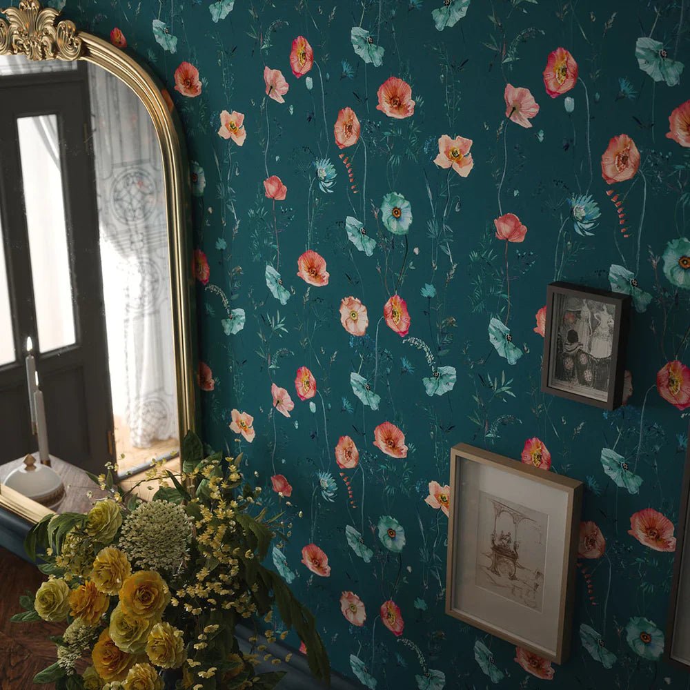 Delicate Stems Wallpaper - Shades of Coral on Teal - LAN100070 - Lucie Annabel - Premier Wallcovering