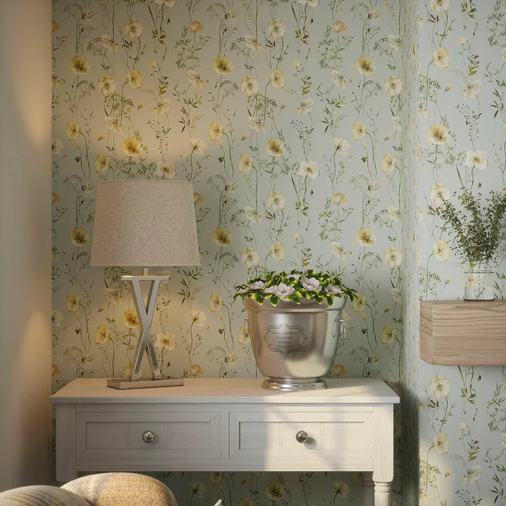 Delicate Stems Wallpaper - Shades of Cream on Seafoam Green - LAN100005 - Lucie Annabel - Premier Wallcovering