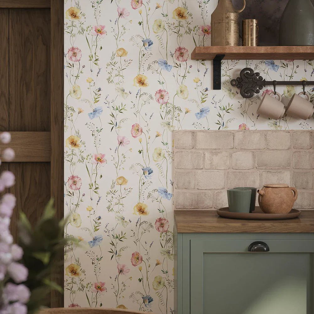 Delicate Stems Wallpaper - Soft Pastels on Linen - LAN100004 - Lucie Annabel - Premier Wallcovering